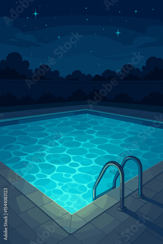 Illuminated swimming pool at night with glowing blue water and calm ripples. Serene backyard scene under a starry sky. Vector cartoon illustration for summer vacation, relaxation.