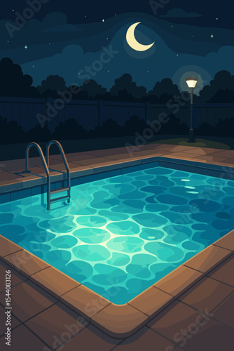 Illuminated swimming pool with shimmering water reflections at night. Vector cartoon illustration of a backyard with a crescent moon and stars in the sky. Serene summer night landscape.