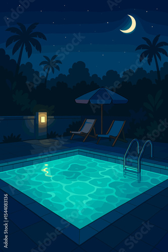 Peaceful swimming pool at night with illuminated turquoise water and light reflections. Luxury resort backyard with lounge chairs and palm trees under a moonlit sky. Vector cartoon.