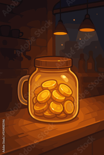 Glowing tip jar with gold coins on a cafe counter at night. Vector cartoon concept of savings, gratuity, donation, and generosity in the service industry. Financial appreciation.