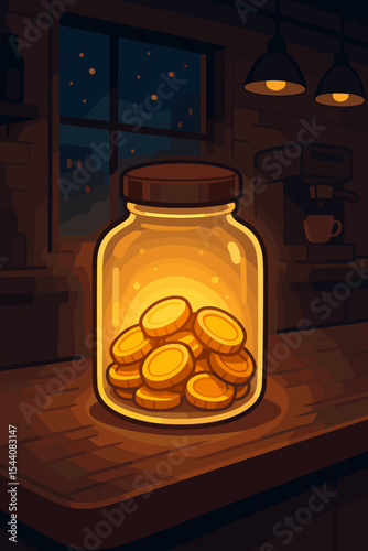 Glowing tip jar with gold coins on a cafe counter at night. Concept of savings, donation, and gratitude in the hospitality industry. Financial goal, wealth, and small business support.
