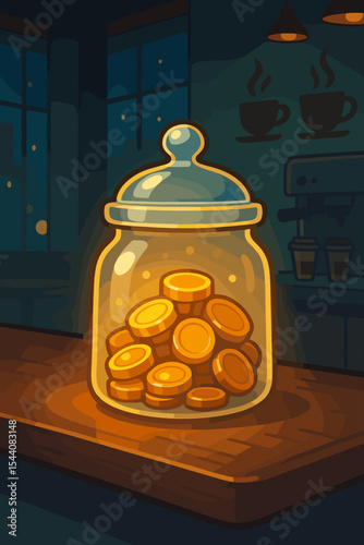 Illuminated tip jar with gold coins on a cafe counter at night. Vector cartoon of savings and gratitude. Service industry earnings and donation concept in a cozy coffee shop.
