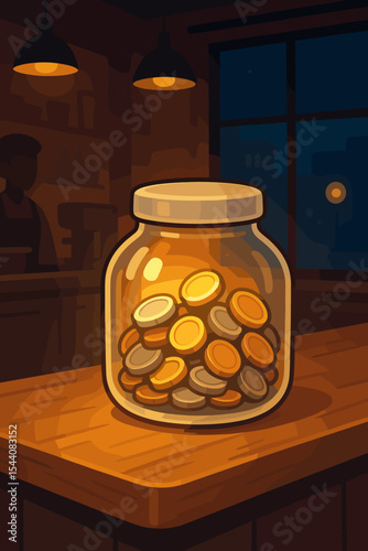 Tip jar filled with gold and silver coins glowing on a cafe counter at night. Vector cartoon concept for donation, savings, gratitude, generosity, and small business income.