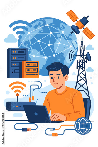 Man on laptop with global telecommunication network concept. Internet connection with satellite, wifi router, server data center and communication tower. Worldwide web cartoon vector.