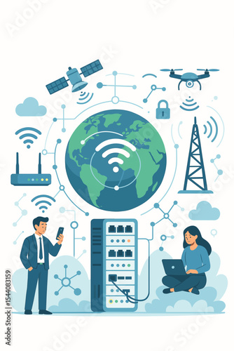 Global telecommunication network with people connected to the internet. Server data center, satellite, wifi, and drone technology. Cloud computing, IoT, and online data security.