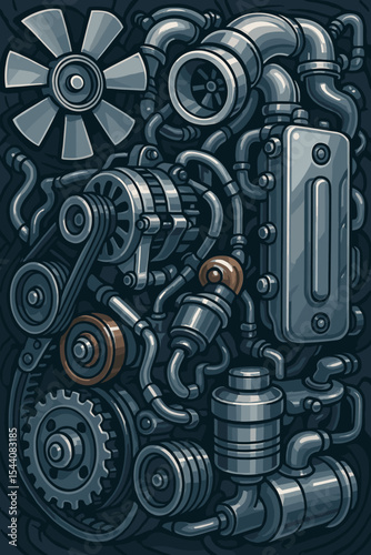 Vector illustration of a complex car engine interior. Mechanical engineering concept showing motor components, gears, belts, turbo, fan and pipes. Abstract industrial technology background.
