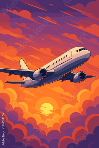 Passenger airliner flying through vibrant clouds at sunrise. Commercial airplane illustration with glowing sky, orange and purple clouds, jet travel, aviation, modern aircraft vector art