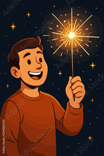 Happy man holding glowing sparkler under starry night sky. Festive celebration, joyful holiday party atmosphere, cheerful cartoon vector illustration. Celebration, fireworks, New Year, fun