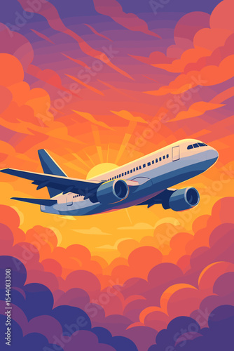 Commercial airplane flying above colorful sunrise clouds, travel aviation vector illustration. Passenger jet in vibrant orange and purple sky, sunrise journey, modern airliner, scenic flight concept