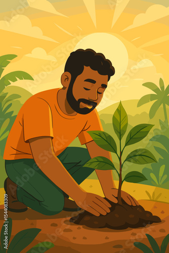 Man planting young tree in rich soil at sunrise, symbolizing growth, reforestation, environmental sustainability, eco-friendly action, nature conservation, and earth day. Vector cartoon illustration