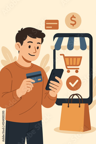 Young man making online payment with smartphone and credit card, mobile banking, e-commerce shopping, digital transaction, contactless payment, vector illustration, internet retail technology