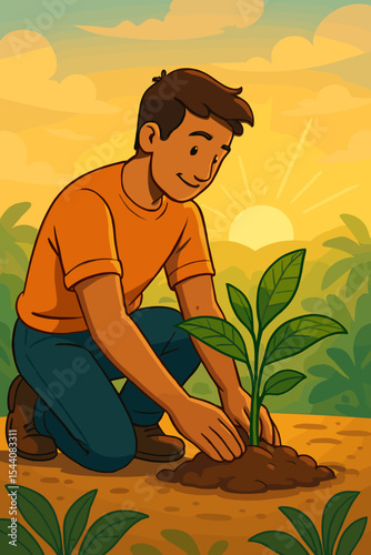 Cartoon man planting young tropical tree at sunrise, environmental sustainability, growth, eco conservation, reforestation, nature care, earth day concept, green landscape illustration