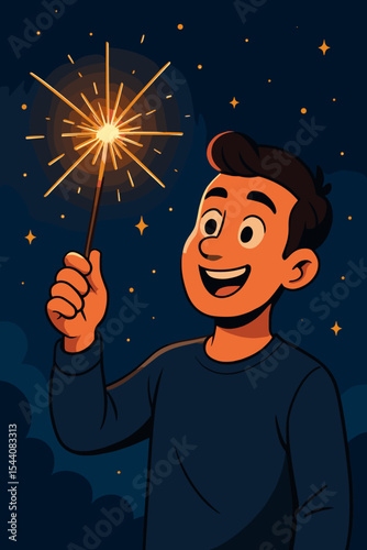 Happy young man holding glowing sparkler in hand at night, celebrating festive occasion outdoors, cheerful cartoon character under starry sky, joyful celebration vector illustration