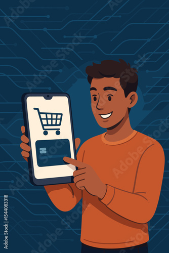 Young man using smartphone for secure online shopping and mobile payment, holding digital credit card, futuristic fintech network, e-commerce technology, internet purchase vector illustration