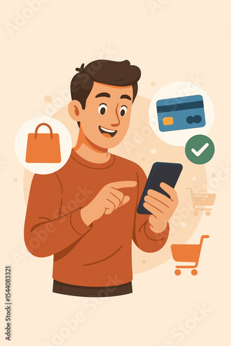 Young man using smartphone for secure mobile payment, online shopping, e-commerce transaction, digital wallet, contactless purchase, debit credit card, internet retail, vector illustration