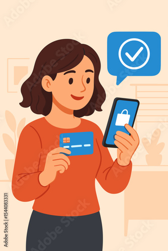 Woman making secure mobile payment with credit card and smartphone, online shopping concept illustration. E-commerce, digital transaction, internet purchase, secure checkout, vector art