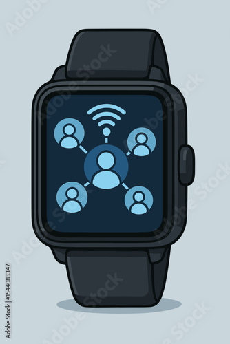 Smartwatch with Connected User Network Icons, Wireless Connectivity, Digital Communication, Social Media Interaction, Modern Wearable Technology Concept Illustration, Vector Cartoon