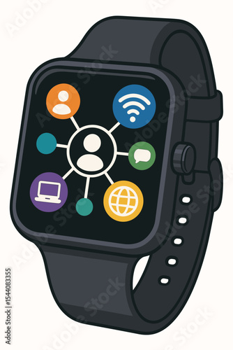 Modern smartwatch vector illustration with digital user network, connectivity, wireless internet, communication, global web, social interaction, smart wearable device interface icons