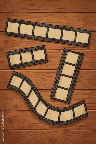 Vintage film strips on wooden background. Cartoon vector illustration of retro movie reels, blank cinema frames, old photography negatives, analog cinematography media, classic filmmaking concept