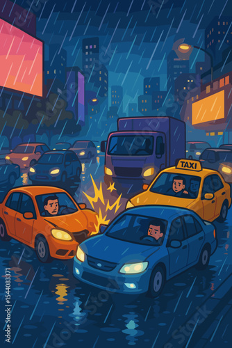 Urban night traffic accident in heavy rain, multiple cars and taxi collide, traffic jam, city street, wet road, emergency situation, cartoon vector illustration, vehicles crash, dangerous weather