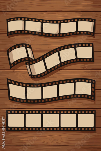 Blank cartoon movie film strips set on vintage wooden background. Cinema reel frames collection. Retro filmstrip templates. Photography, filmmaking and movie editing vector illustration