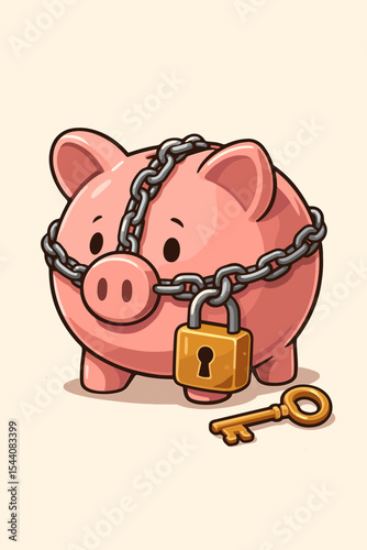 Piggy bank locked with chain and padlock, golden key for access, secure savings, financial safety, security concept, protected money, cartoon vector illustration, personal finance protection