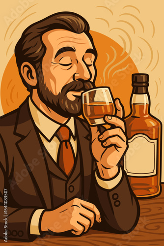 Elegant man in suit savoring whisky bourbon, tasting glass in hand, cartoon vector illustration. Alcohol, luxury lifestyle, connoisseur, bar scene, classic gentleman, refined drink enjoyment.