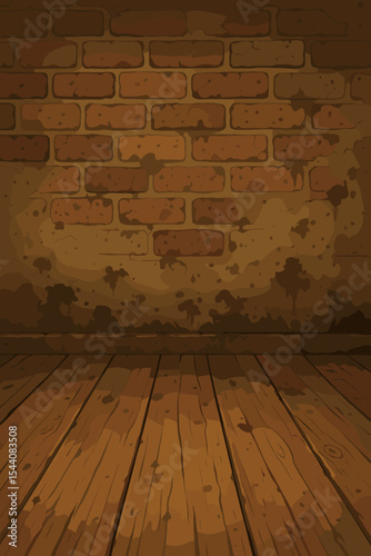 Vintage rustic wooden floor and aged brick wall interior background, cartoon vector illustration for retro room, grunge stage, empty space, old textured bare boards, distressed backdrop design