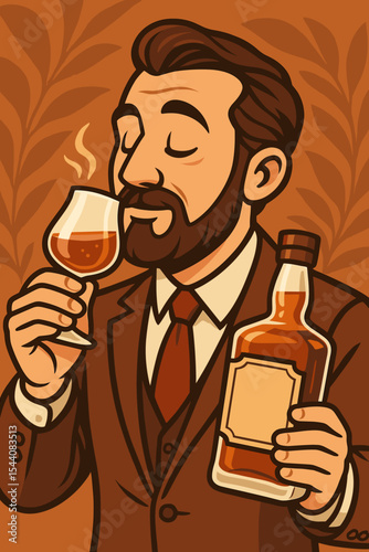 Sophisticated Gentleman Enjoying Whiskey Bourbon Tasting. Vector Illustration of Elegant Man in Suit Holding Snifter Glass and Bottle. Alcoholic Beverage Appreciation, Connoisseur Lifestyle Concept