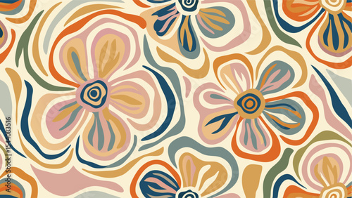 Floral pattern with abstract shapes and muted colors creating a retro aesthetic design look overall