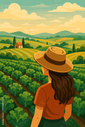 Woman farmer with hat admiring lush green kale field in scenic rural countryside, agricultural landscape, organic farming, sustainable lifestyle, summer day, vector illustration, nature concept