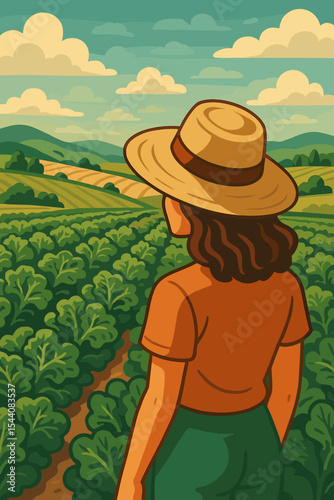 Woman in Straw Hat Standing in Lush Kale Field, Admiring Scenic Rural Farmland, Summer Countryside Landscape, Organic Farm, Sustainable Agriculture, Tranquil Outdoor Lifestyle, Vector Illustration