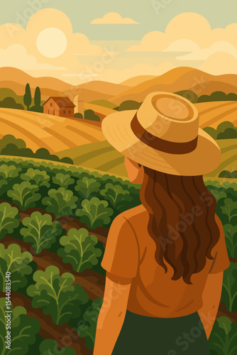 Woman in Straw Hat Overlooking Lush Kale Field at Sunrise, Tranquil Rural Landscape, Sustainable Farming, Countryside Agriculture Scene, Summer Harvest, Natural Organic Farming Vector Illustration