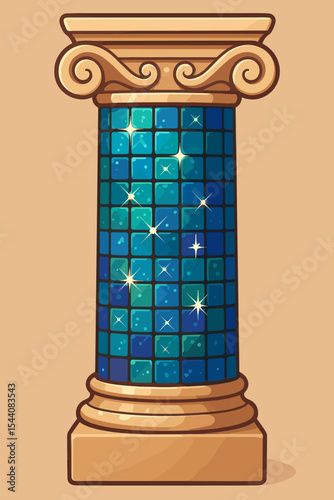 Elegant classical pillar decorated with sparkling blue mosaic glass tiles, ornate architectural column, luxurious vintage vector illustration, glossy ceramic accents, ancient Greece Rome decor