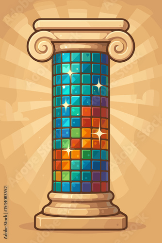 Vibrant mosaic glass tiles on classical Greek column. Colorful sparkle pattern. Ancient architecture, decorative pillar, radiant design. Cartoon vector illustration. No text, glossy highlights