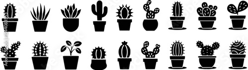 Collection of black silhouette cactus and succulent plant icons