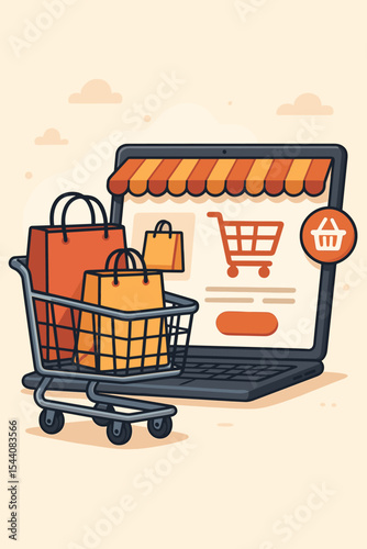 E-commerce shopping cart and laptop screen with storefront awning, online retail purchase, digital marketplace, bags in trolley, internet shop, mobile commerce, vector cartoon illustration