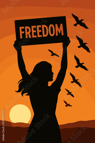 Empowerment and Freedom Concept. Silhouette of Woman Holding Sign at Sunset with Flying Birds. Independence, Liberty, Hope, Strength, Motivation. Inspirational Vector Art for Equality and Rights