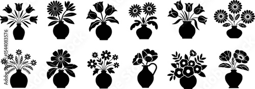 Collection of black silhouettes of flower arrangements in vases