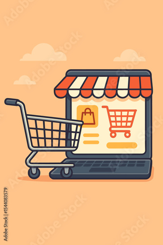 Online shopping cart and laptop screen e-commerce concept. Vector illustration retail store awning, digital marketplace, buying process, internet shop, sale icon, transaction, mobile commerce