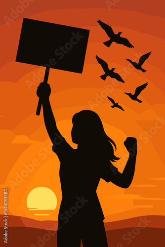 Empowered woman silhouette raising blank protest sign at sunset with flying birds. Feminism, activism, freedom, demonstration, unity, hope, inspirational vector illustration, orange sky background