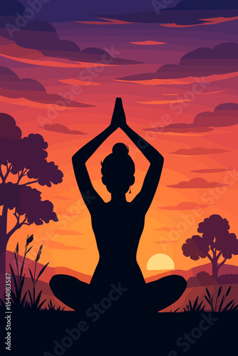 Serene silhouette of woman meditating in lotus yoga pose outdoors at vibrant sunset, tranquil nature landscape, mindfulness, relaxation, self-care, peaceful evening, wellness vector illustration