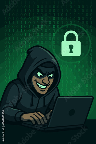 Hacker in Dark Hoodie Hacking Laptop with Lock Icon Binary Code Matrix Background, Cybersecurity Threat, Data Breach, Network Infiltration, Digital Crime, Online Security Concept Vector Illustration