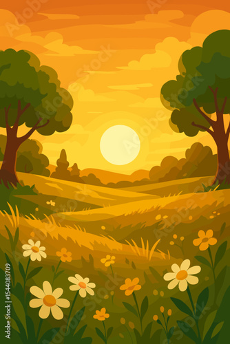 Serene Meadow at Sunset with Wildflowers, Rolling Hills, Golden Sunlight, Lush Trees and Spring Landscape, Peaceful Nature Scenery, Vector Cartoon Illustration for Tranquil Outdoor Concepts
