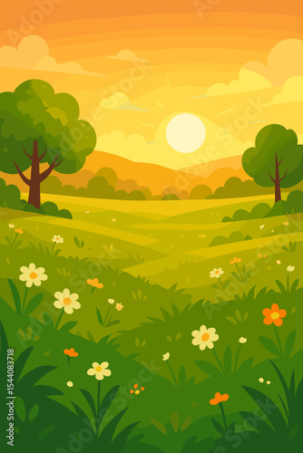 Serene meadow landscape at sunset with golden sunlight, rolling green hills, wildflowers in bloom, and trees, peaceful nature vector illustration, tranquil countryside evening scene