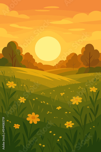 Idyllic meadow landscape at sunset with glowing golden sunlight, rolling green hills, wildflowers, and trees, peaceful tranquil countryside scene, warm orange sky, nature vector illustration