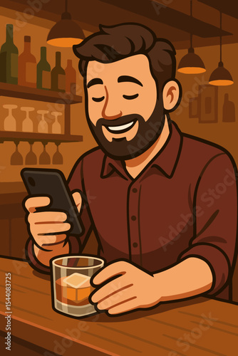 Relaxed man enjoying whiskey at bar counter while using smartphone. Cartoon vector illustration of modern lifestyle, socializing, technology, nightlife, leisure, urban drinking scene, trendy pub