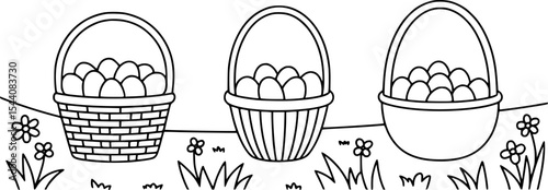 Easter baskets filled with eggs in a spring garden
