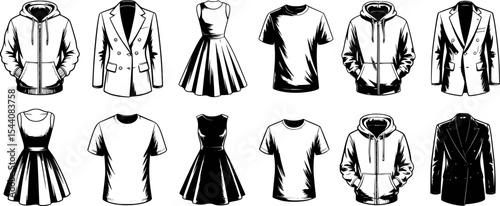 Hand drawn apparel illustrations in black and white