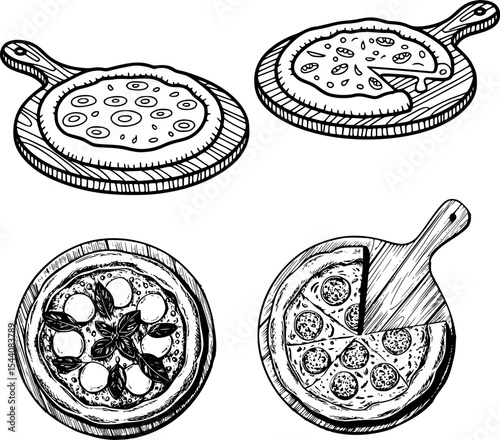 Hand drawn pizza collection on wooden pizza boards